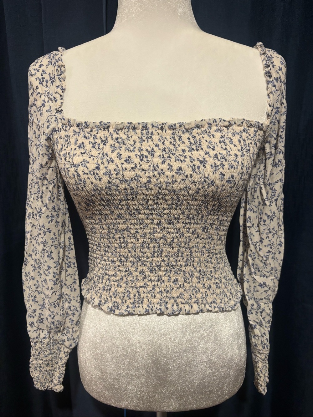 Reformation Cream Blouse with Blue Floral Print